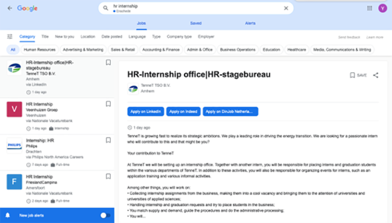 Screenshot on how to filter results when looking for an internship online