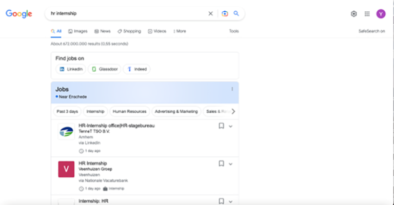 Screenshot on how to search for an internship online
