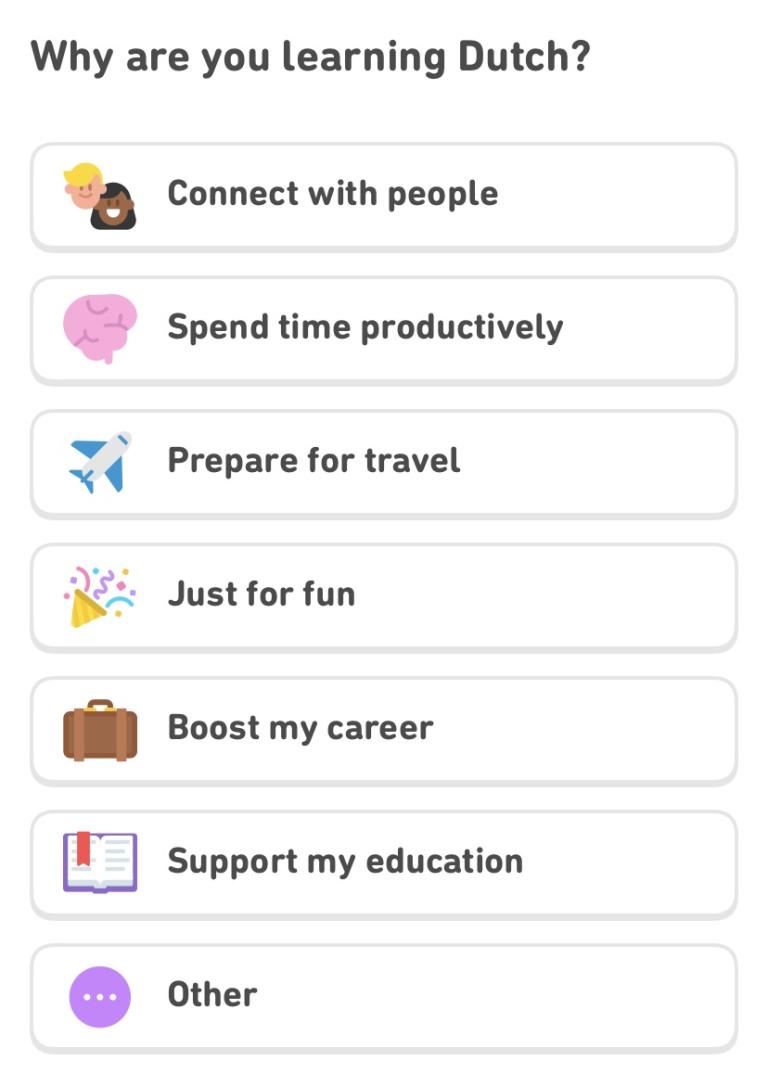 Why are you learning Dutch? Connect with people. Spend time productively. Prepare for travel. Just for fun. Boost my career. Support my education. Other.